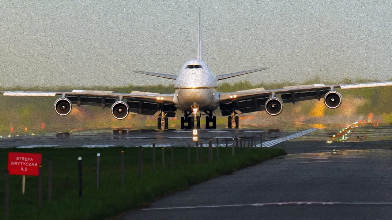 Lądowanie Boeing 747-45E - Jumbo Jet - RomCargo - Katowice Airport.