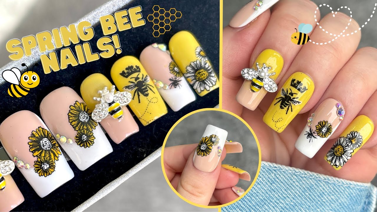 TRYING NEW SQUARE FULL COVER TIPS FROM AMAZON! AND SPRING BEE PRESS ON NAIL TUTORIAL| MADAM GLAM