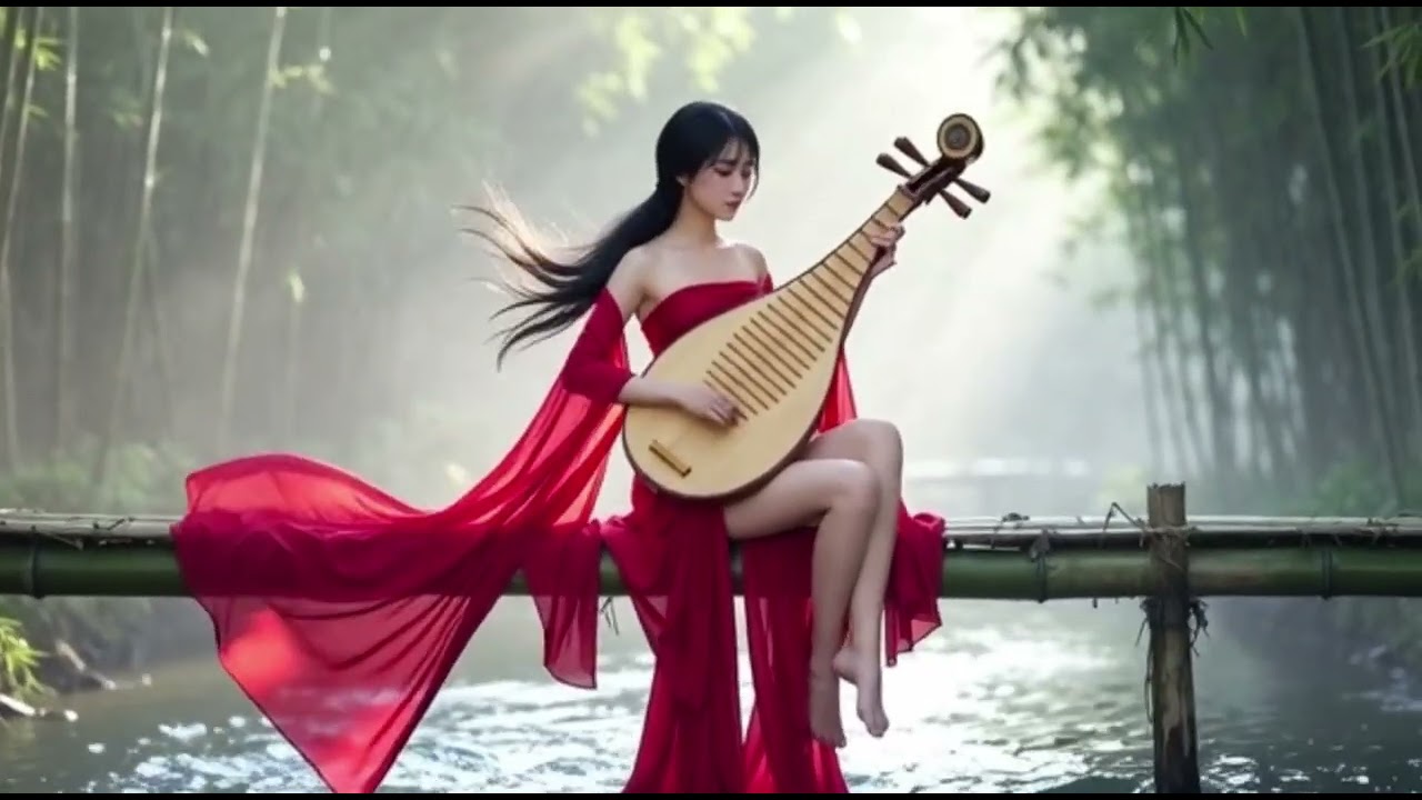 Beautiful Woman Playing Traditional Chinese Harp Guzheng