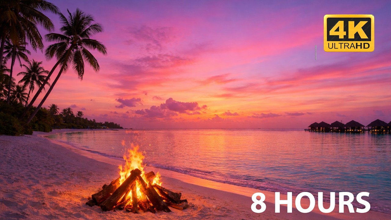 Maldives Beach Fire 🔥 Ocean Waves at Sunset 🌅 8 Hours Relaxation & Sleep Ambience (4K)