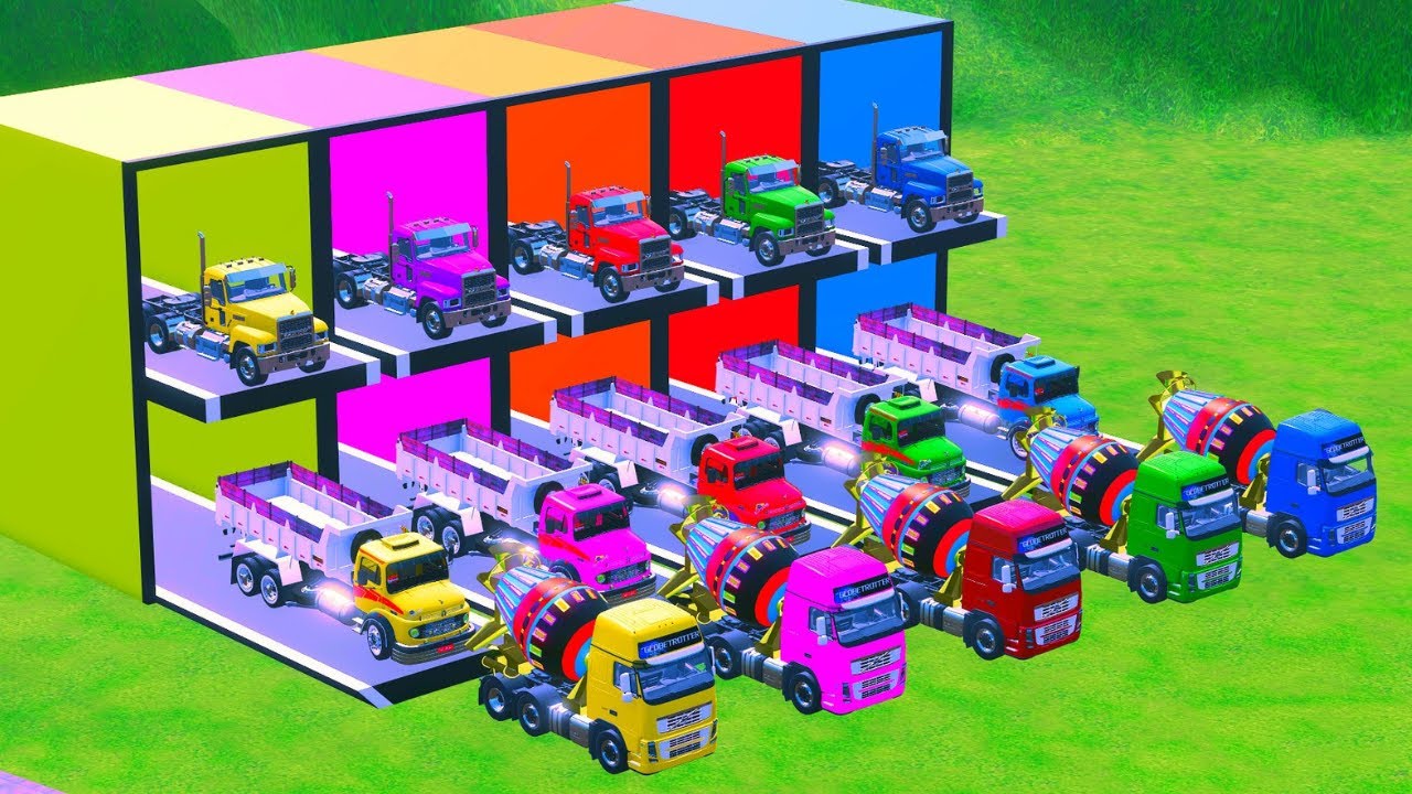 LONG FLATBED TRAILER - Transporting Scania Truck, All Colorful Mixer,  Volvo, Iveco And Man - FS22