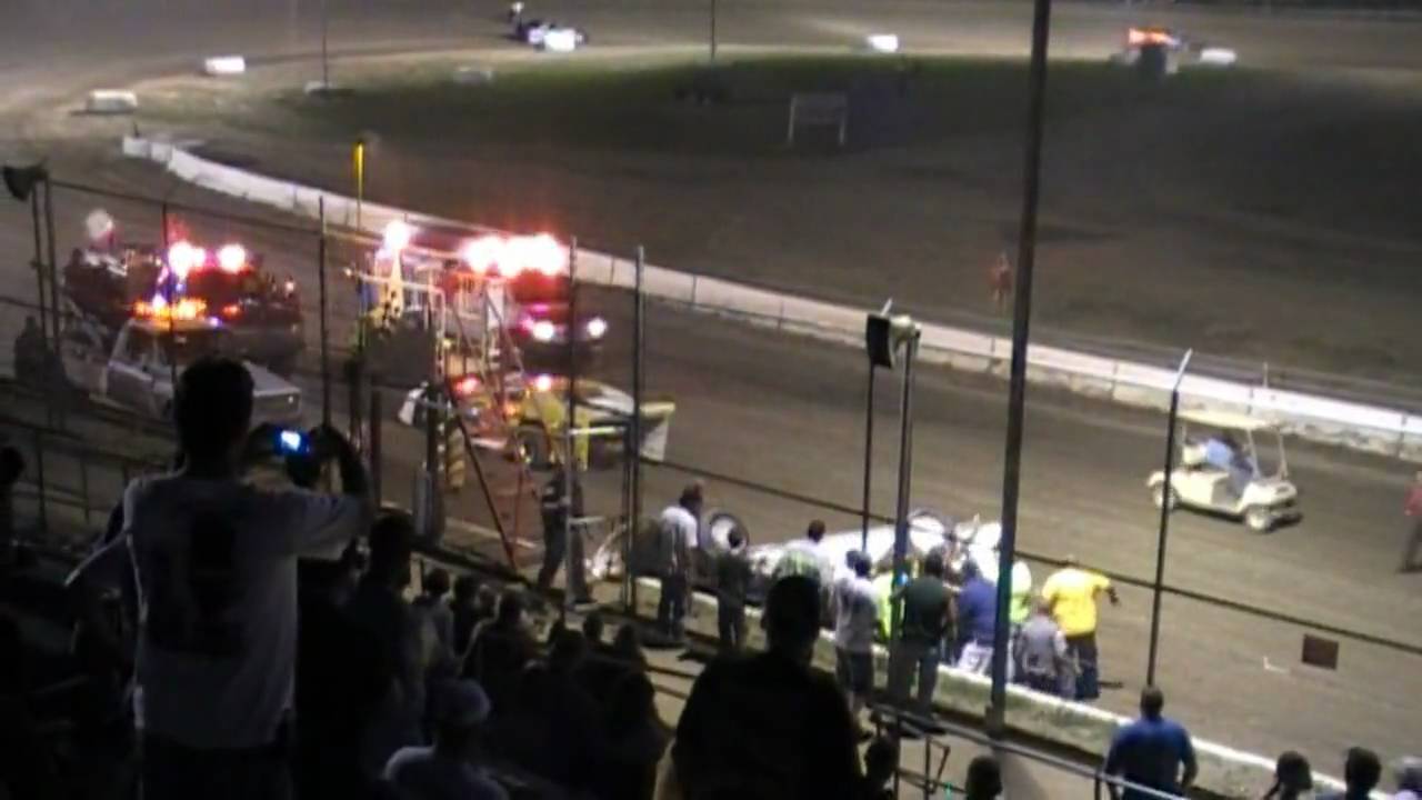 Chad Hina's Dirt Late Model flip at the Muskingum County Speedway (OH) 5-28-2010