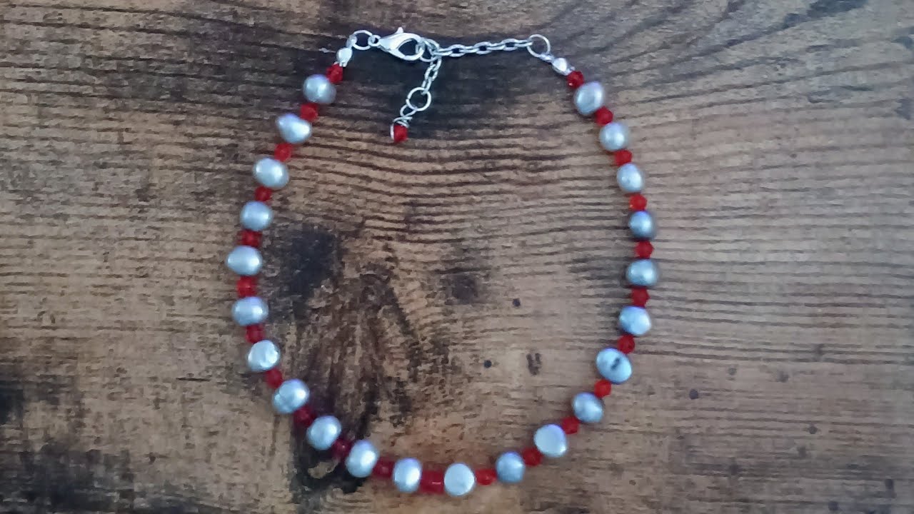GREY PEARLS AND RED  BEADS ANKLET. -FEELING THE BLUES: Radical Blue Bead Mix Challenge Part 2