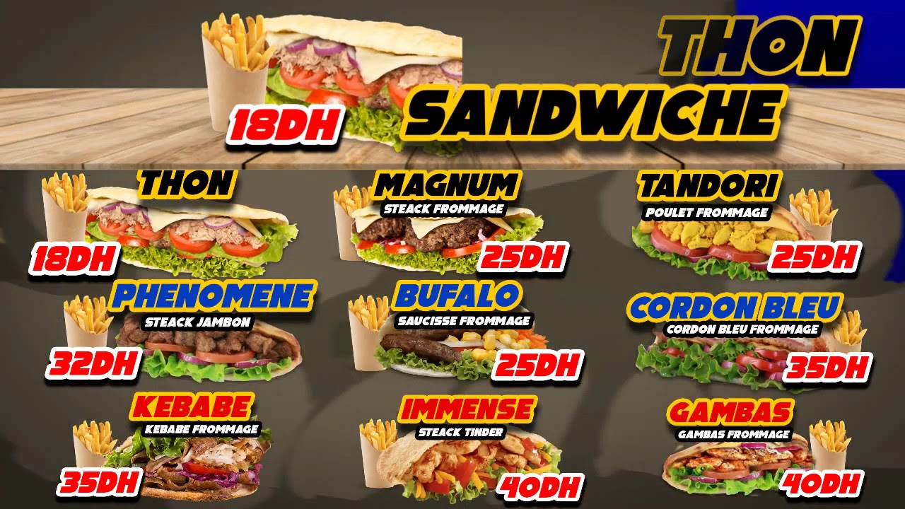 Menu board dynamique dans un snack / fast food KING TACOS L'ORIGINAL (SANDWICHES)