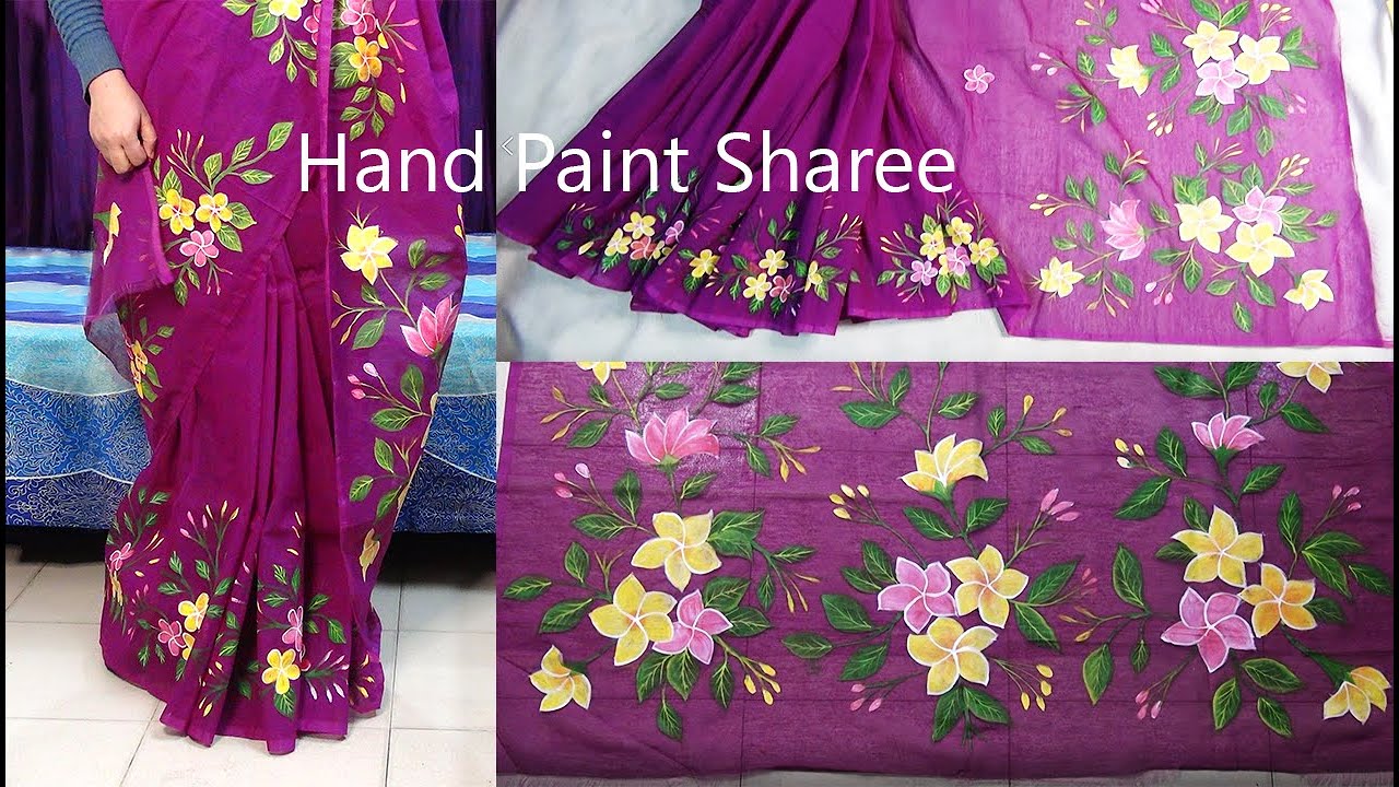 শাড়ীতে কাঠগোলাপ পেন্টিং / Hand Painting Saree Design. Easy And Unique Fabric Painting.