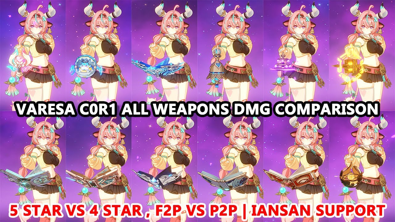 Varesa C0R1 All Weapons DMG Comparison : 5 Star vs 4 Star , F2P vs P2P | Iansan Support Test