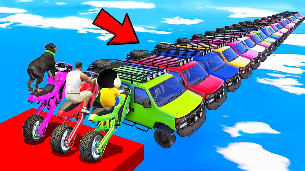 SHINCHAN AND FRANKLIN TRIED THE MOST DIFFICULT RAINBOW COLOURED CARS BRIDGE PARKOUR CHALLENGE GTA 5