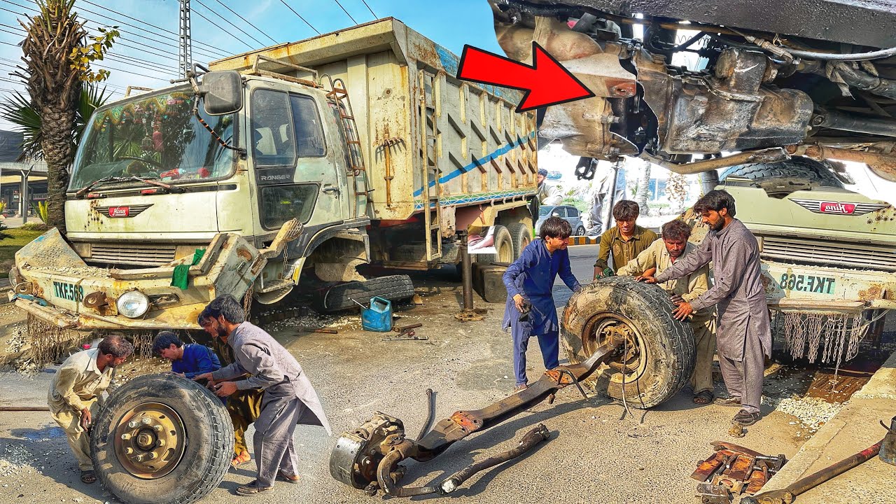 Over Loaded Pakistani Truck Accident Rear Wheel Front Axle & Leaf Spring Changing|