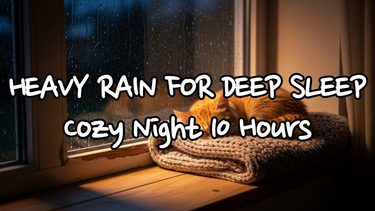 🌧️ Heavy Rain on Window with Sleeping Cat 🐈 | 10 Hours Deep Sleep Rain Sounds | Cozy Bedroom Night