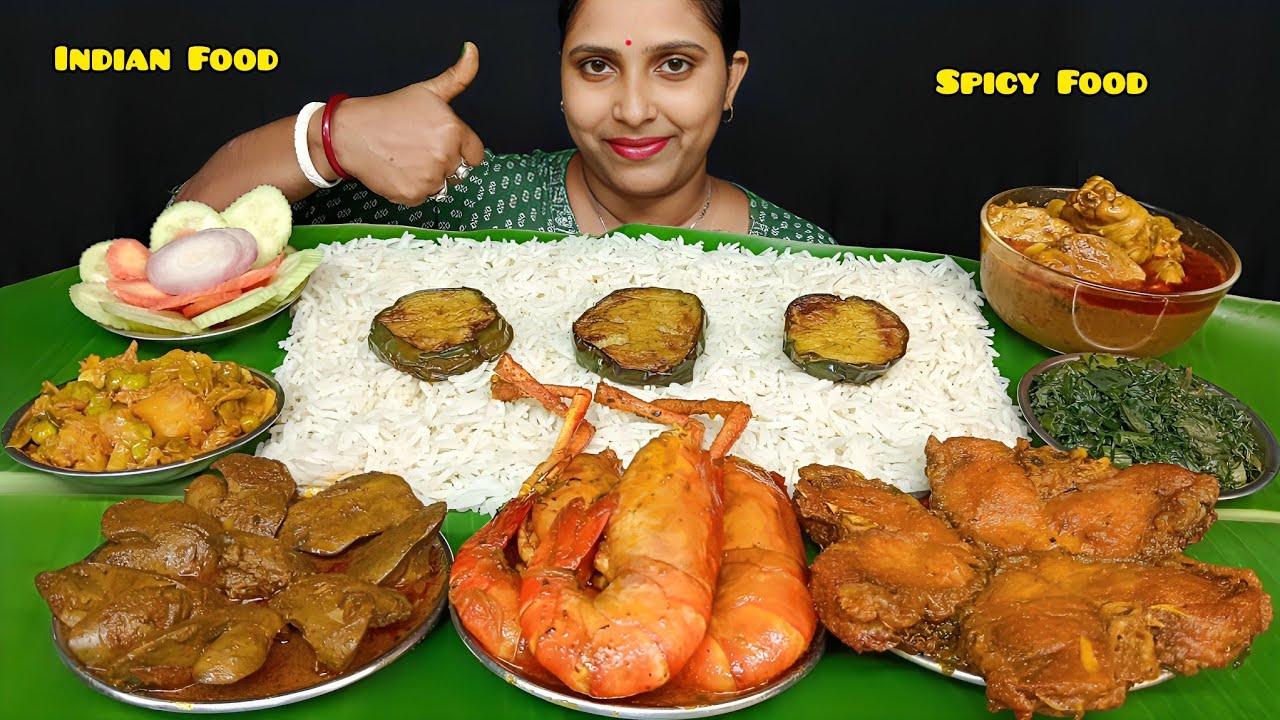 Eating Chicken Curry, Prawn Malai Curry, Fish Curry, Chicken Liver Curry, Cabbage Curry, Rice 