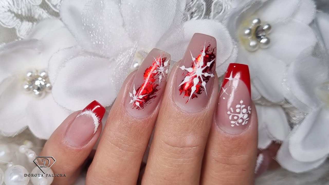 Christmas french manicure nails with snowflakes. Watch me to gel rebalance with cover nude 