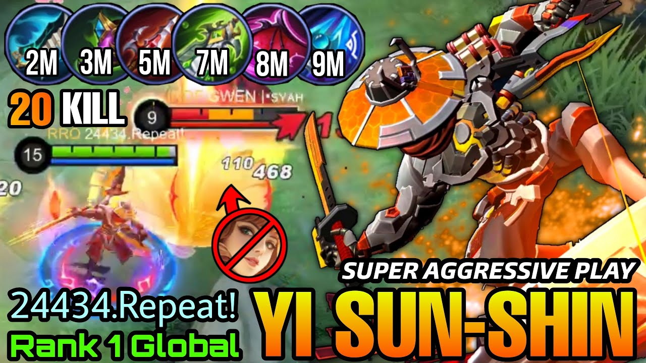 Super Aggressive Play YSS 20 Kills in 10 MIN - Top 1 Global Yi Sun Shin 24434.Repeat! - MLBB