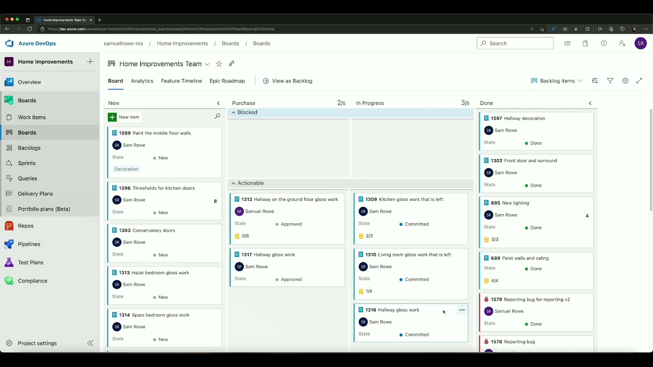 Azure DevOps Boards overview with my Home Improvements project