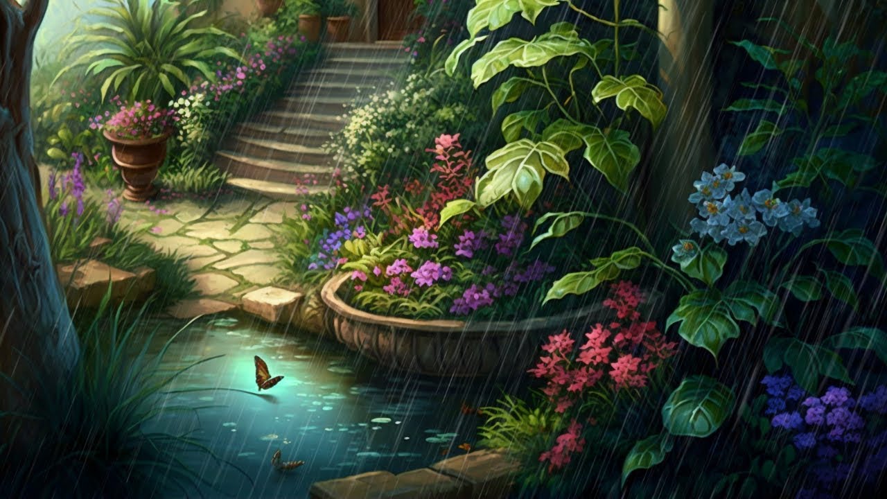 Rain in the Garden with CALM Music - Ambient Music with Rain in the Garden - Spring Study Ambience