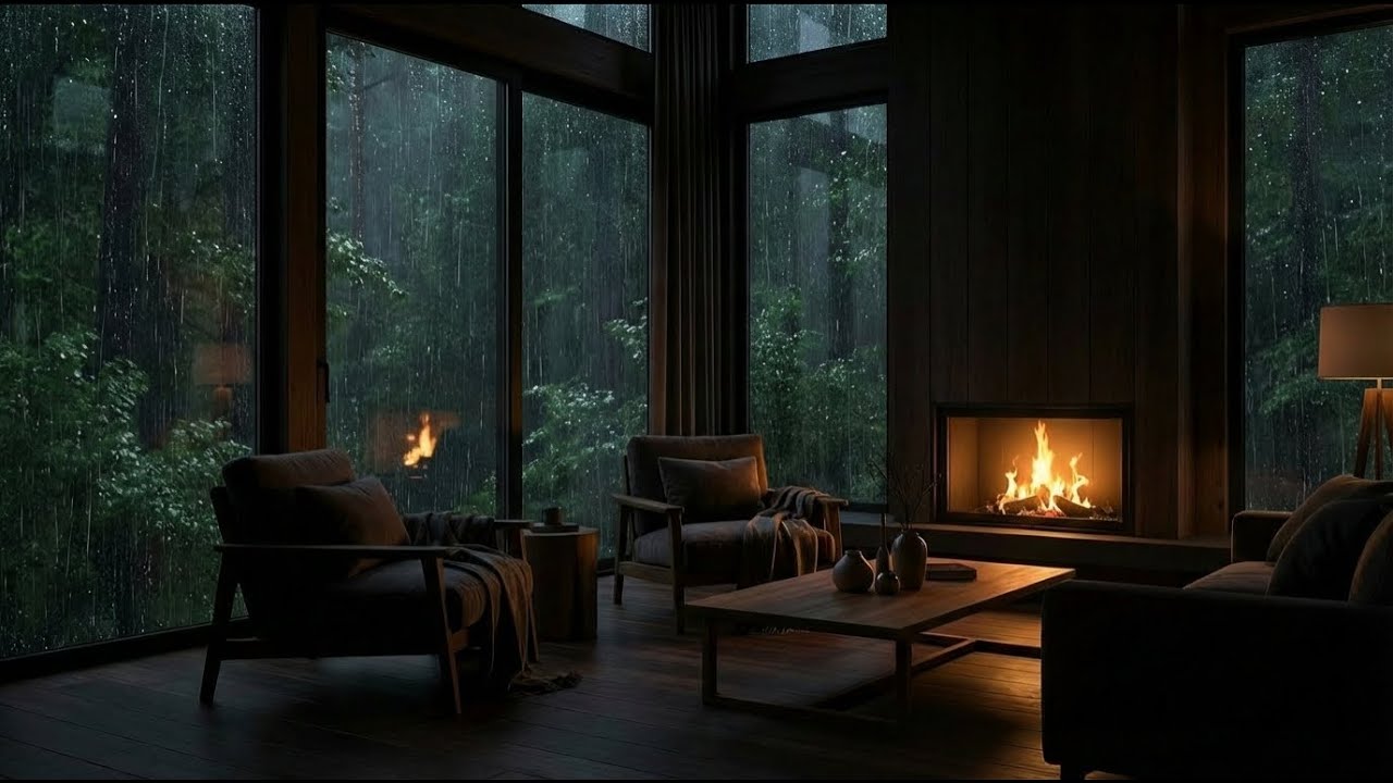 Silent Night | Piano Rain in Cozy Modern Rustic Room with Fireplace | Melt Your Anxiety Now 🎹🌙