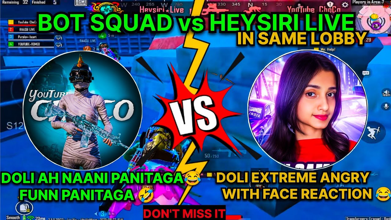BOT SQUAD vs HEYSIRI LIVE 🤡 ||IN SAME LOBBY || DOLI EXTREME ANGRY😂|| #madan #madanop #bgmi #botsquad