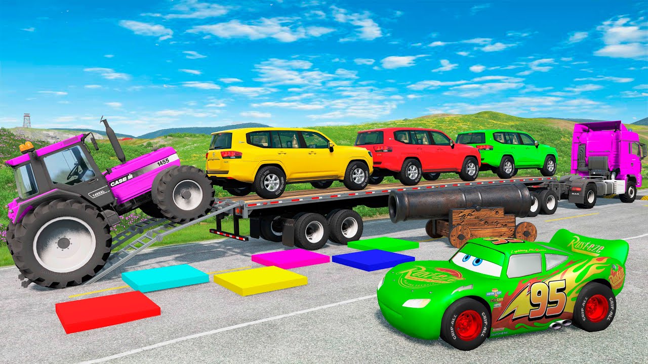 Flatbed Trailer McQueen Transportation with Truck - Speedbumps vs Cars vs Train - BeamNG.Drive #7