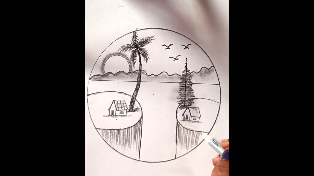 Winter mountain morning scenery drawing 🌞 easy Circle drawing 