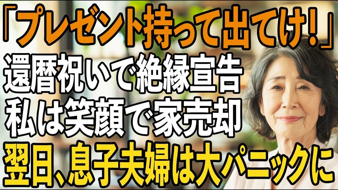 「プレゼント持って出て行ってくれ」私の還暦祝いで絶縁宣告する息子夫婦。私は笑顔で頷くと家を出て行った→翌日、売却された家に2人は大混乱【シニアライフ】【60代以上の方へ】
