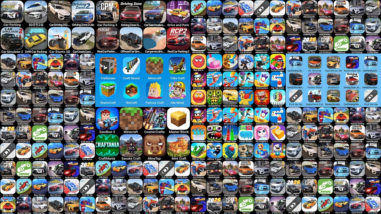 Car Parking Multiplayer 2,Craftsman,Minecraft,Car Parking,Red Ball 4,Car parking 3D,Traffic Tour