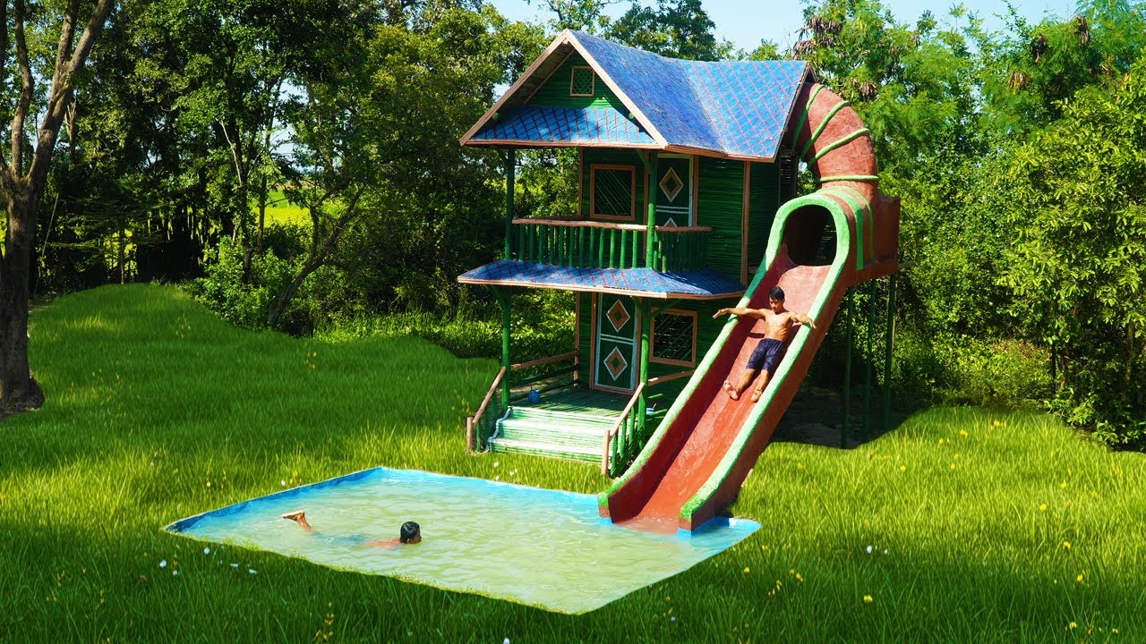 How to Build a Bamboo House With Slide & Pool! 🌴💦