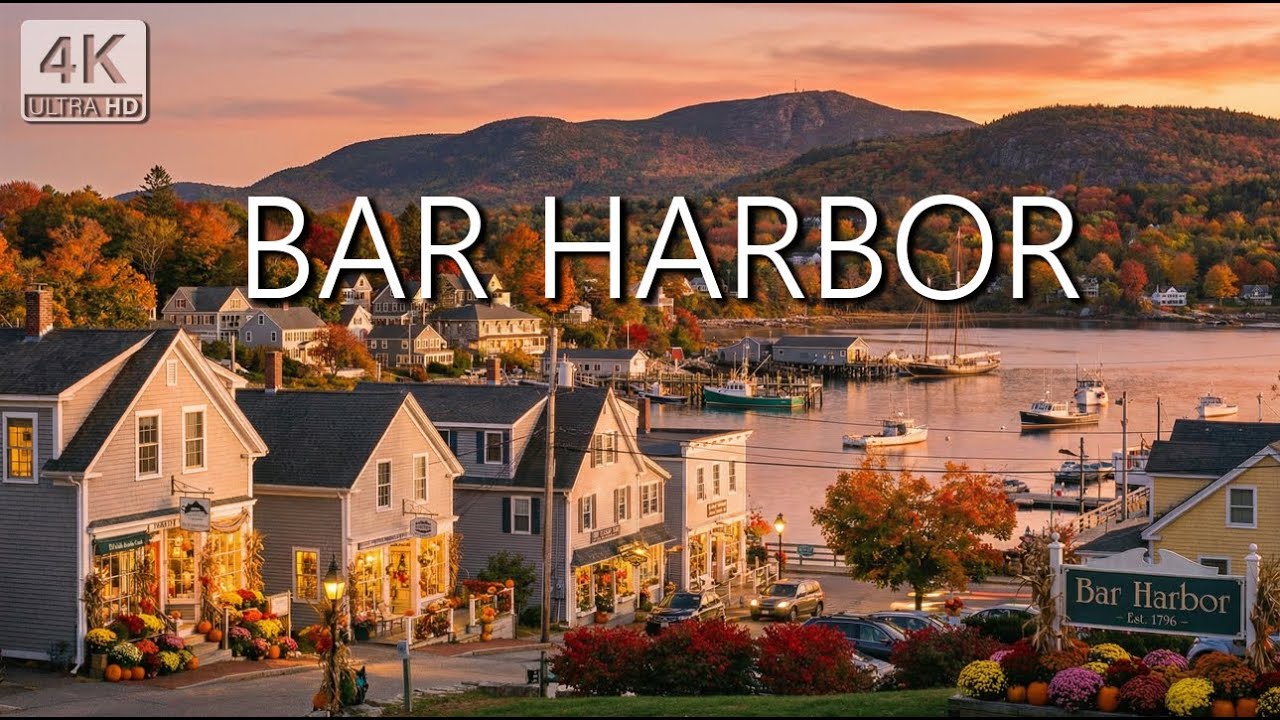 BAR HARBOR Maine - Evening Fall 4K Walking Tour - Acadia National Park Town