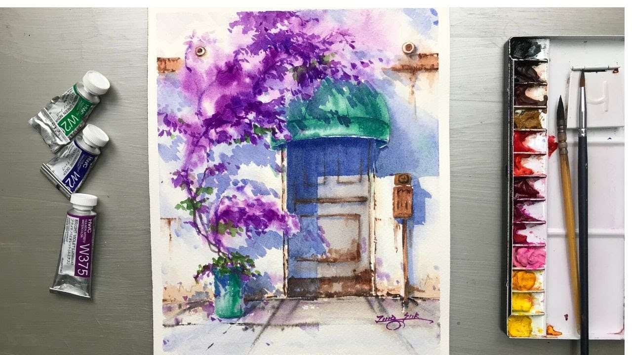 Watercolor Painting - Bougainvillea with Awining Door-Tutorial Step by Step.