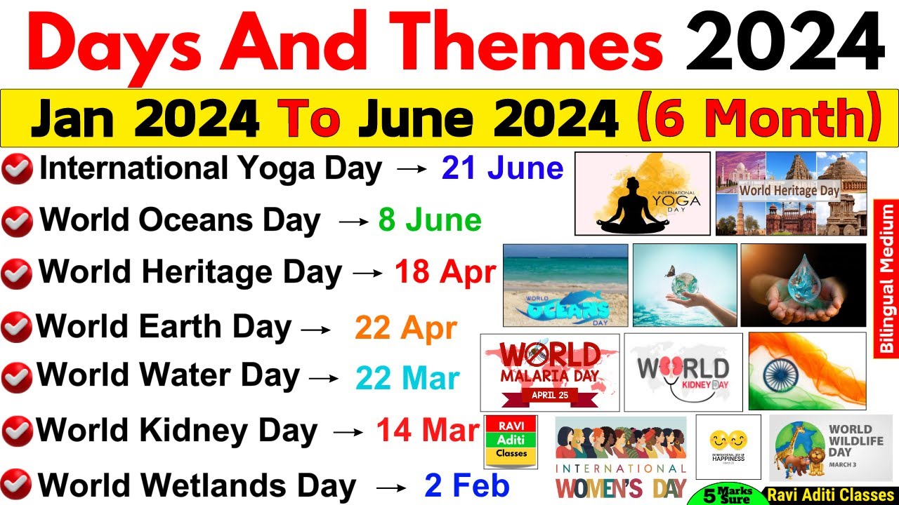 Days And Themes 2024 Current Affairs| Jan 2024 To June 2024 Important Days |Last 6 Month MCQ English