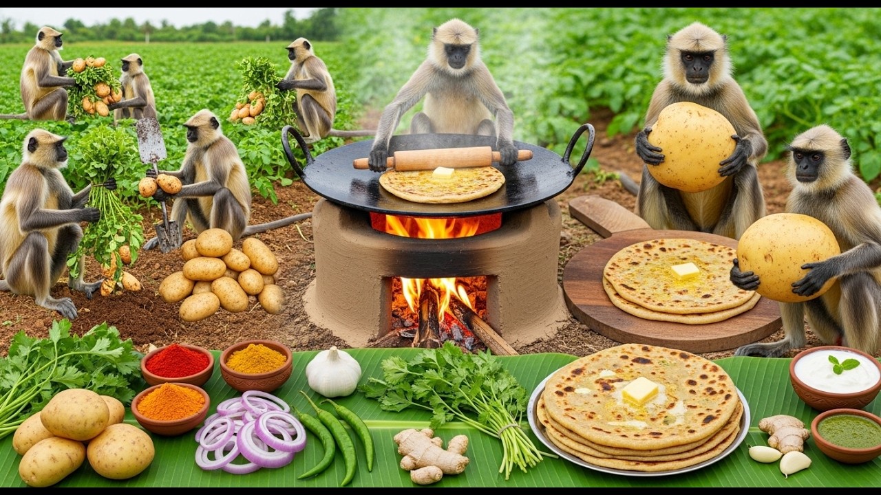 गाँव में बंदरों ने की आलू की खेती और बनाए स्वादिष्ट आलू के पराठे 🐒🥔#Cooking Monkeys #trending