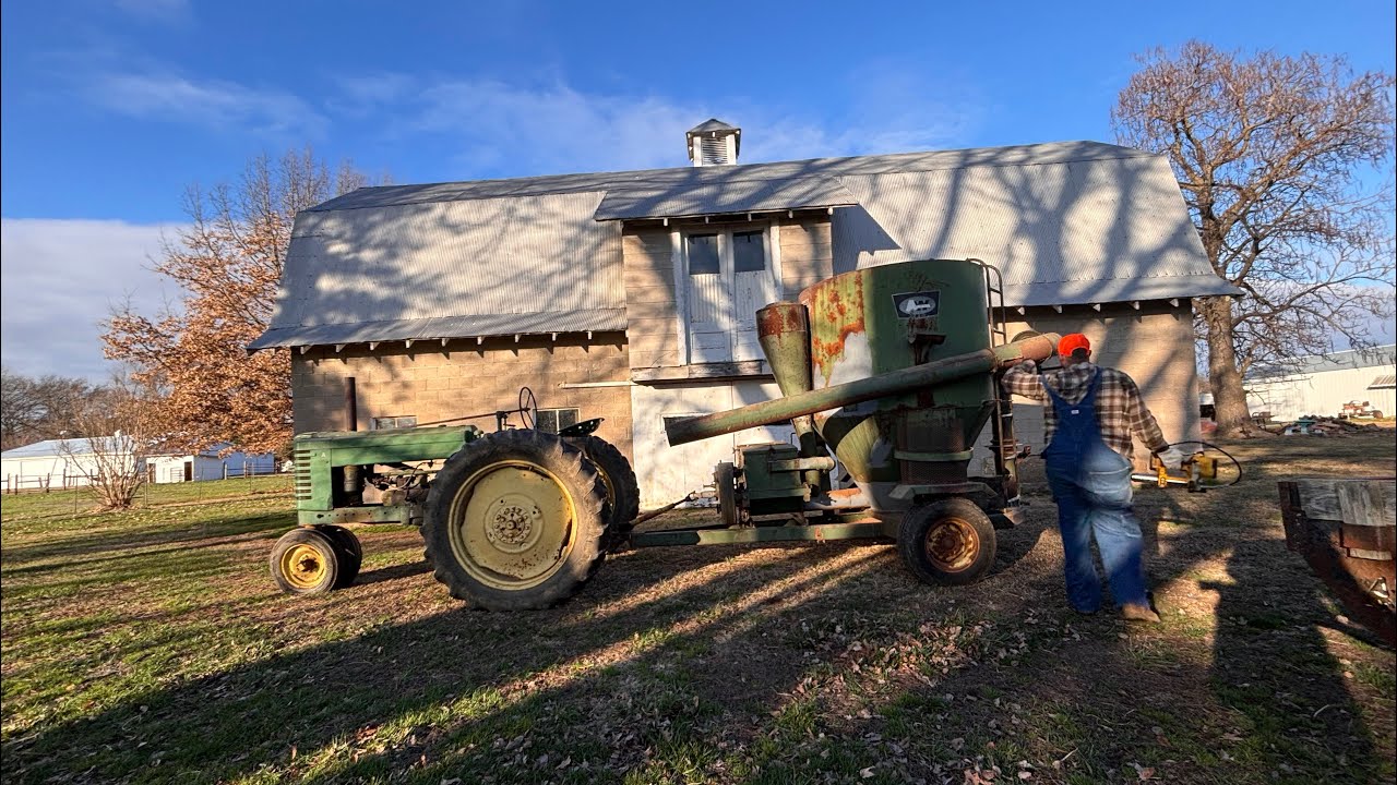 Grinding Feed With Early Styled John Deere A and Arts Way Grinder Mixer
