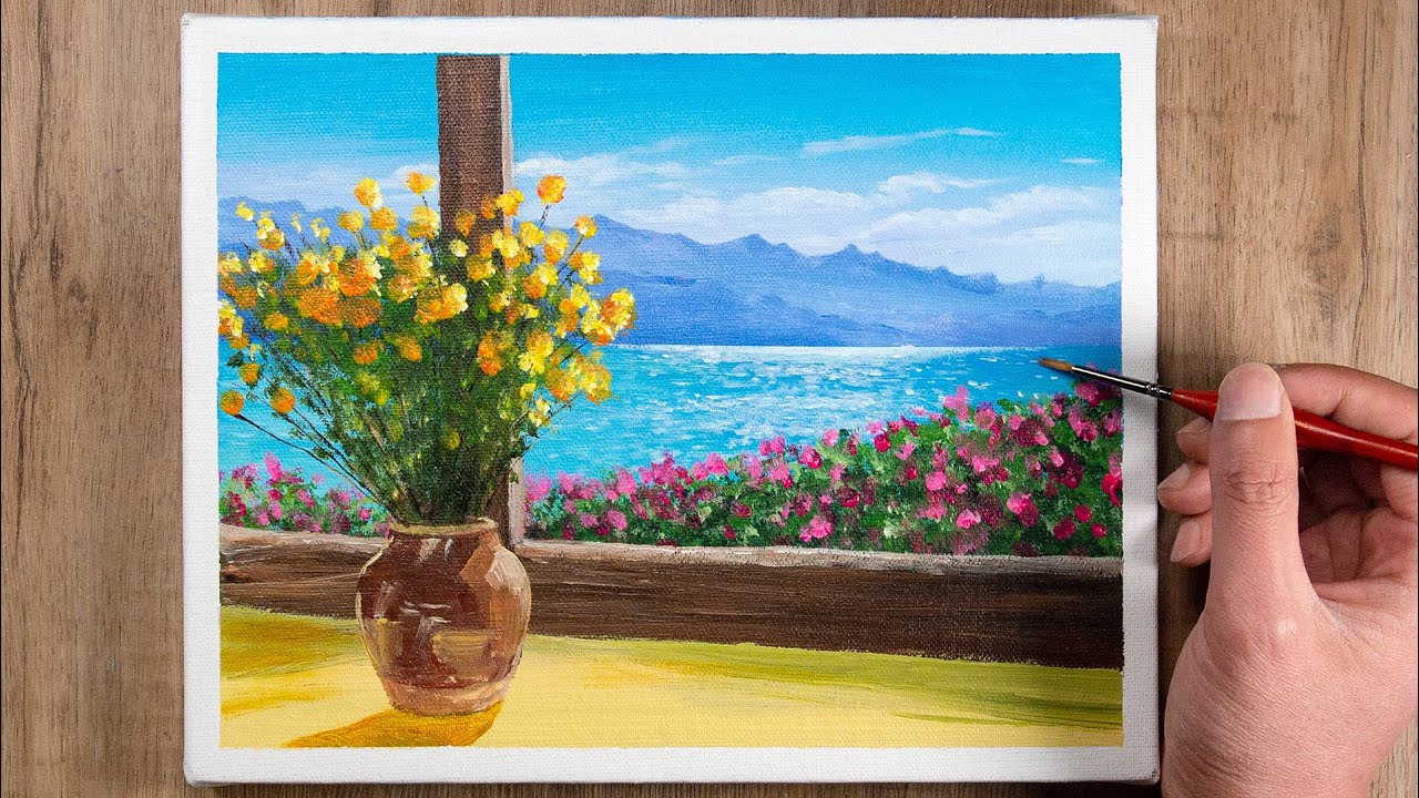 Painting a Peaceful Lake View with Flowers at the Window | Easy Acrylic Painting For Beginners