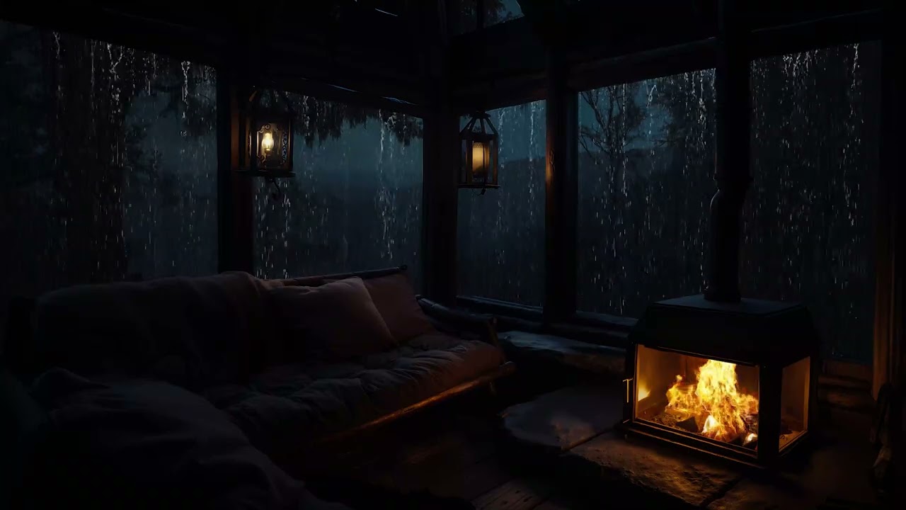 Cozy Forest Cabin at Night with Gentle Rain Falling and a Warm Fireplace | Perfect Relaxing Ambience