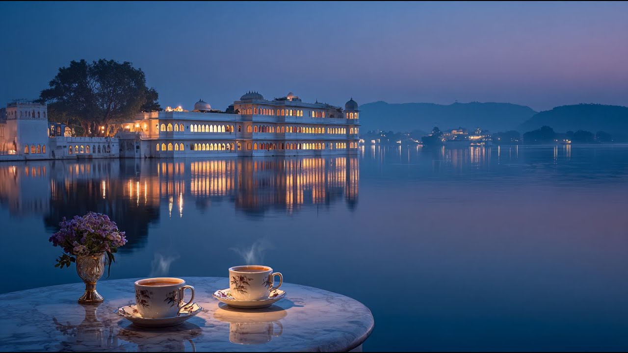 🌙Golden Reflections at Lake Palace, Udaipur | A Dreamy Luxury Café Evening #relaxingmusic #pianojazz