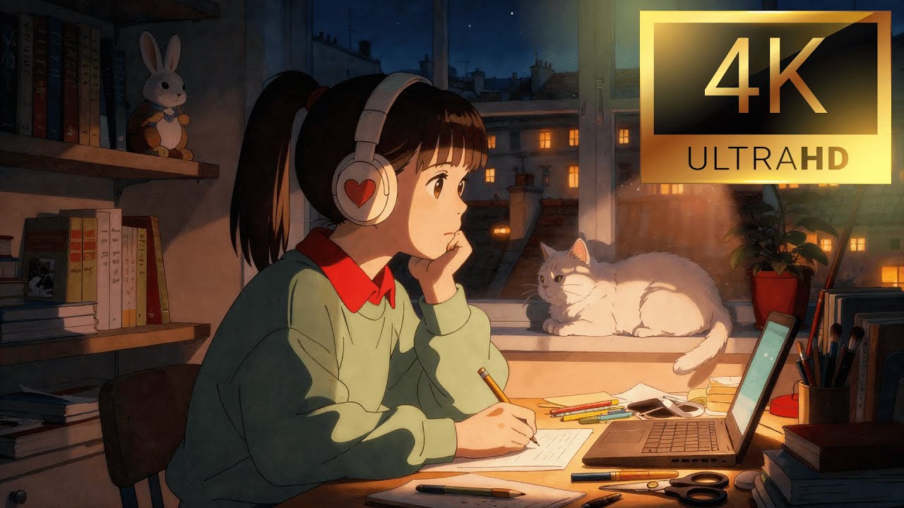 GIRL & CAT (At Night) | Lofi Chill & Relaxation Background 4k 528Hz SUPER QUALITY