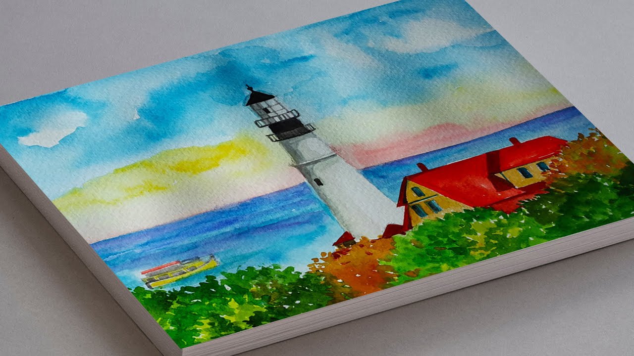 WATERCOLOR PAINTING TUTORIAL : Drawing Famous PORTLAND LIGHTHOUSE in Watercolor, Step-by-Step Guide