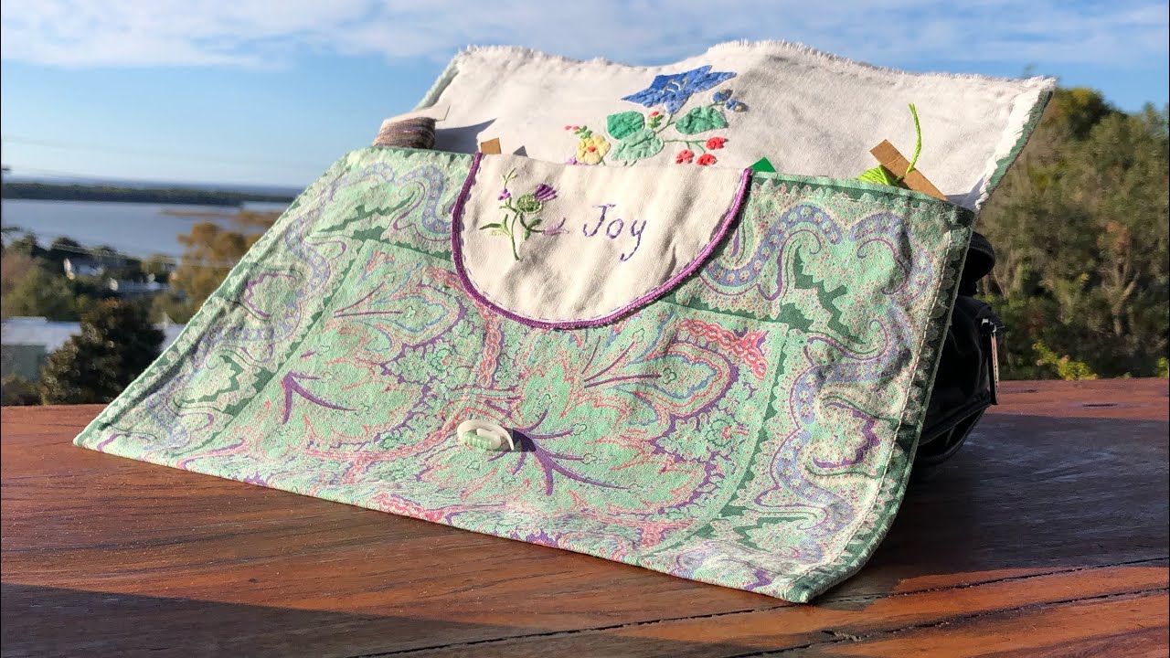 Easy slow stitch project - fabric envelope made from old placemat with hand sewn embellishments