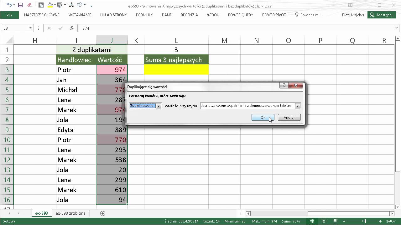 excel-593 - Sumowanie X najwyższych wartości (z duplikatami i bez duplikatów)