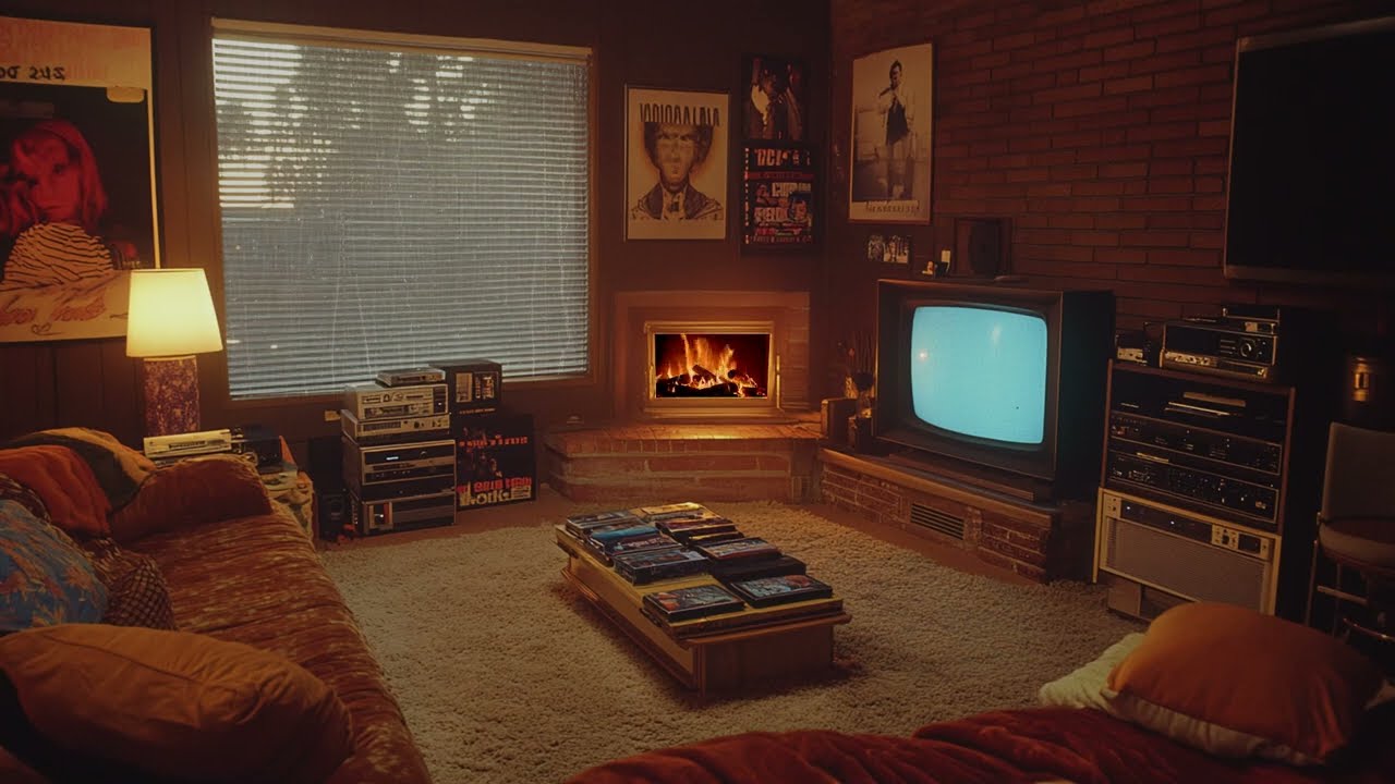 Watching Rain in the 80s – Aesthetic Ambience with Vintage Sounds and Fireplace Warmth
