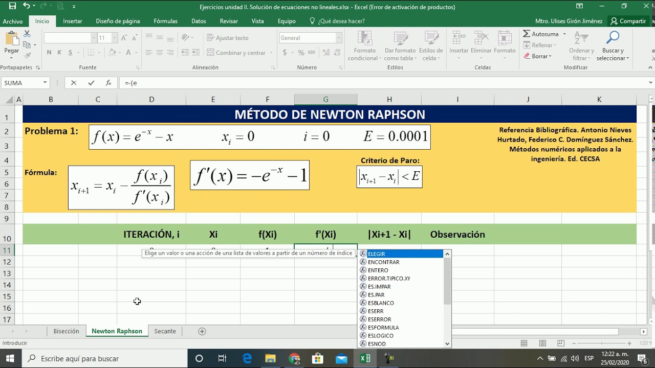 Método Newton Raphson usando Excel