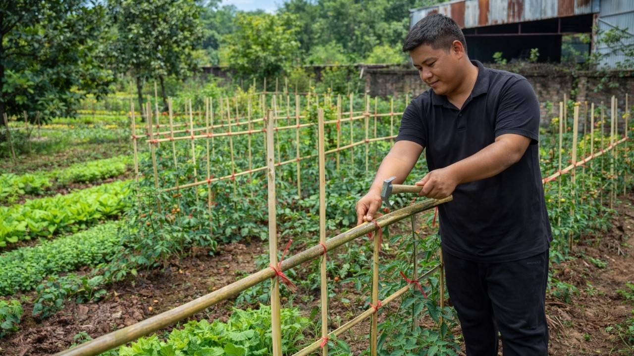 CEO Leaves the City | Building a Bamboo Tomato Trellis & Caring for My Organic Garden