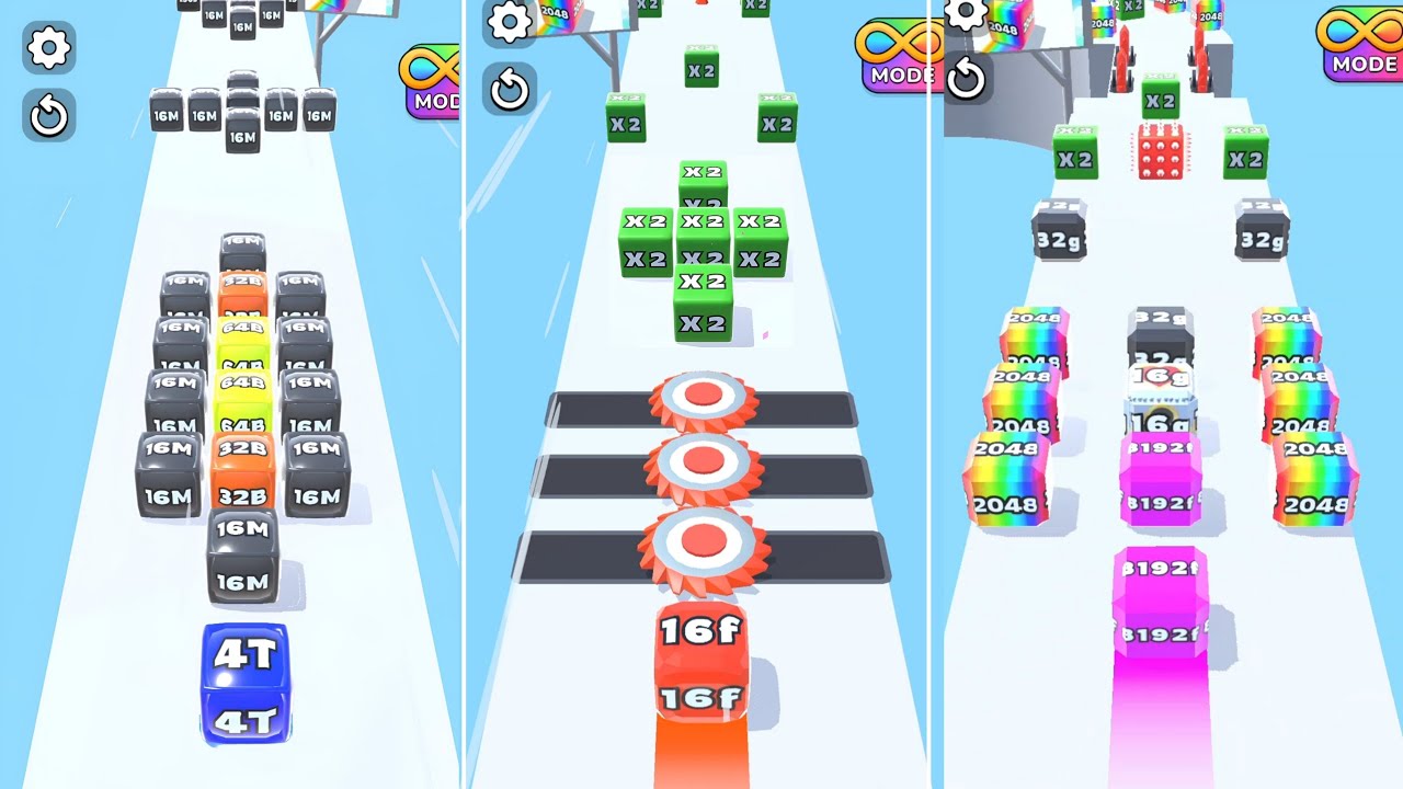 Jelly Run 2048 ULTIMATE Gameplay | 3 Shape Play Showdown! | 2Q vs 1024f vs 32i Race