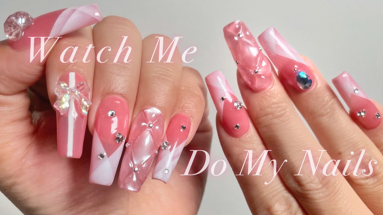 [ENG/SUB] 🇨🇦EMS로 받은 재료 언박싱/ 퀼팅네일아트/ 리본파츠 붙이는법/ 손톱연장/ 셀프네일 Nails at Home