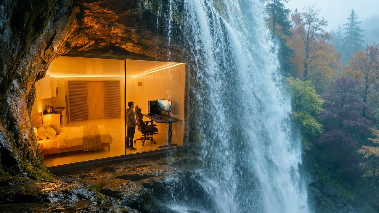 Nobody Will Ever Find This Secret Cozy Hut Behind a Waterfall &ndash; Relaxing Bushcraft ASMR