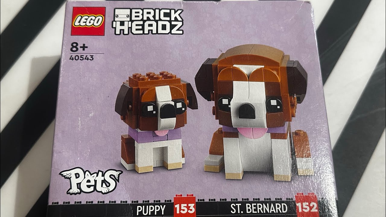Opening and assembling Lego Brickheadz Pets set 40543 152 St Bernard and 153 Puppy 