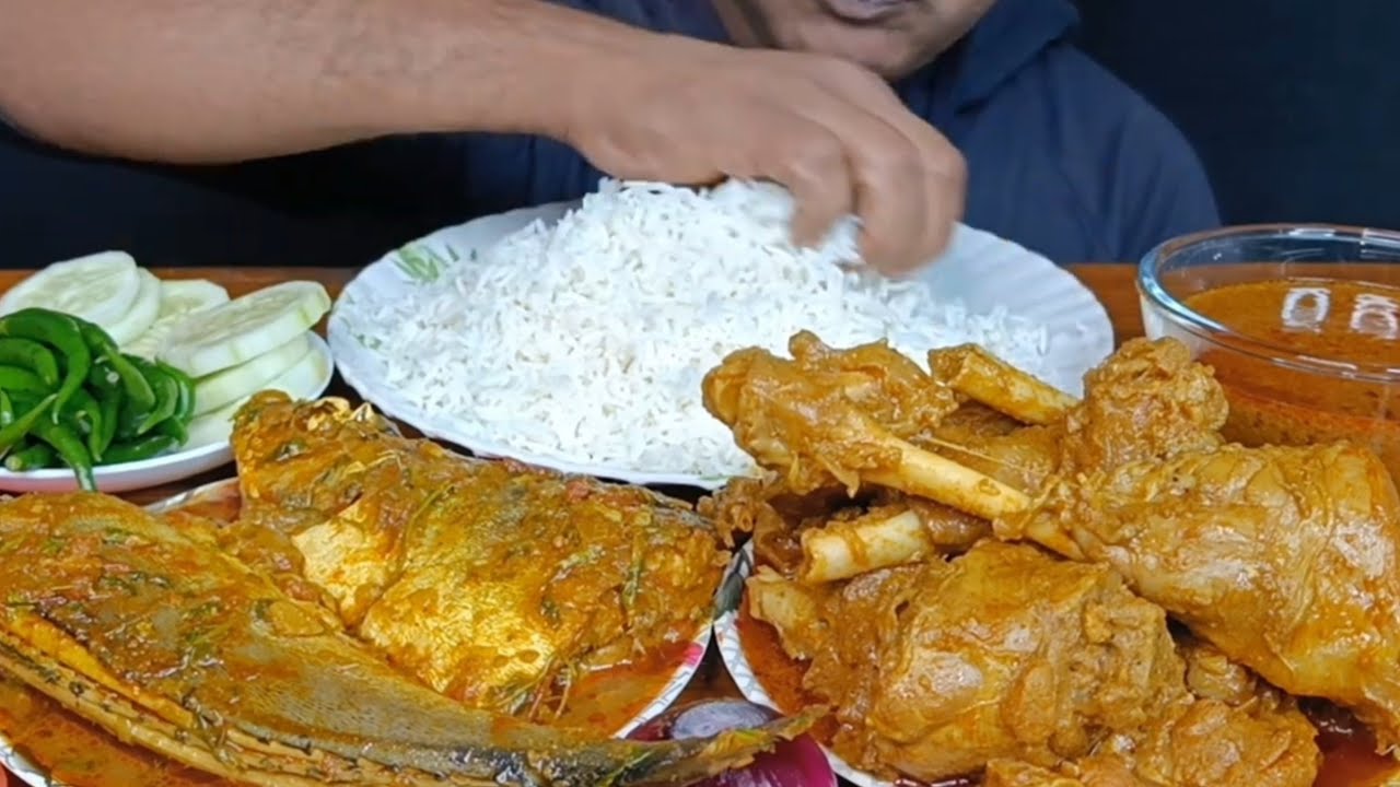 Asmr Eating Spicy Mutton Curry | Spicy Tuna Fish Curry | Mutton Gravy | Basmati Rice Salad & Onion 😋