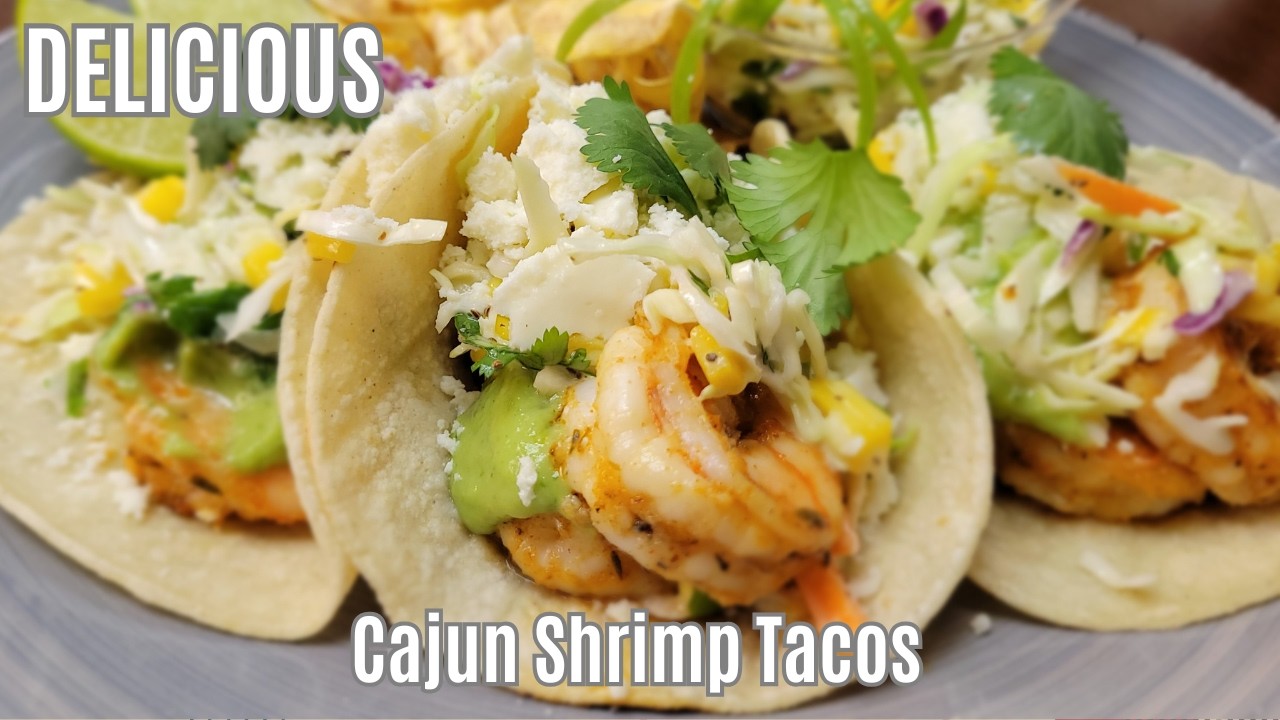 Tropical Cajun Shrimp Tacos with Mango Coleslaw and Plantain Chips