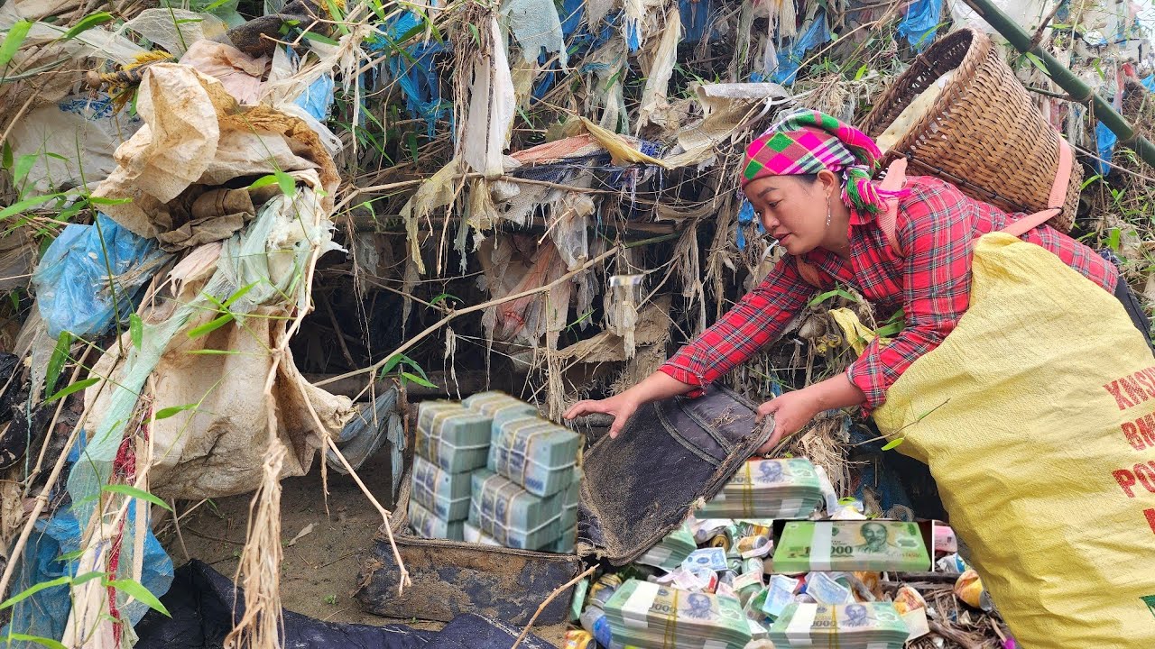 The girl picked up trash by the river and found a suitcase of money.