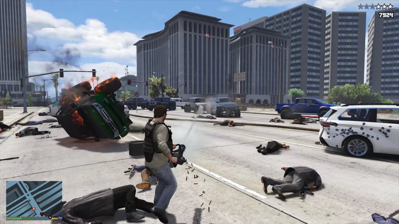 GTA 5 - Minigun Rampage vs Mercenary Ambush + Ten Star Escape