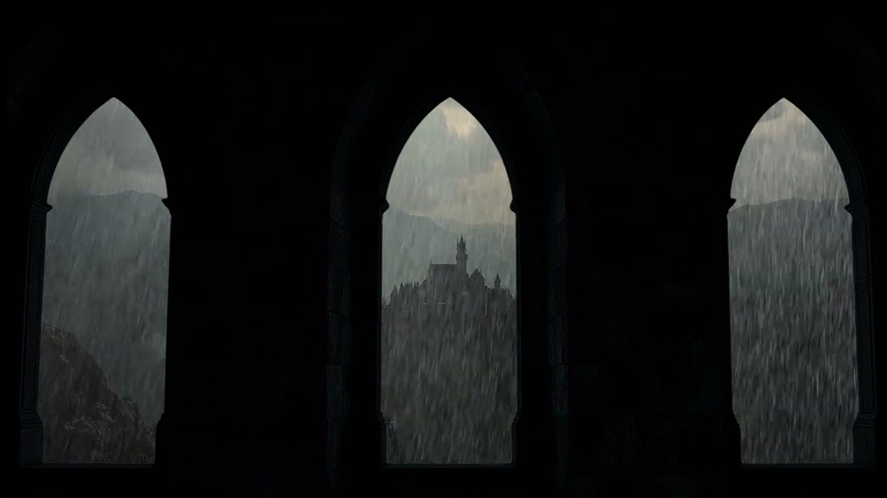 4K Medieval Castle Window View | Soft Rain Sound for Sleep and Relax