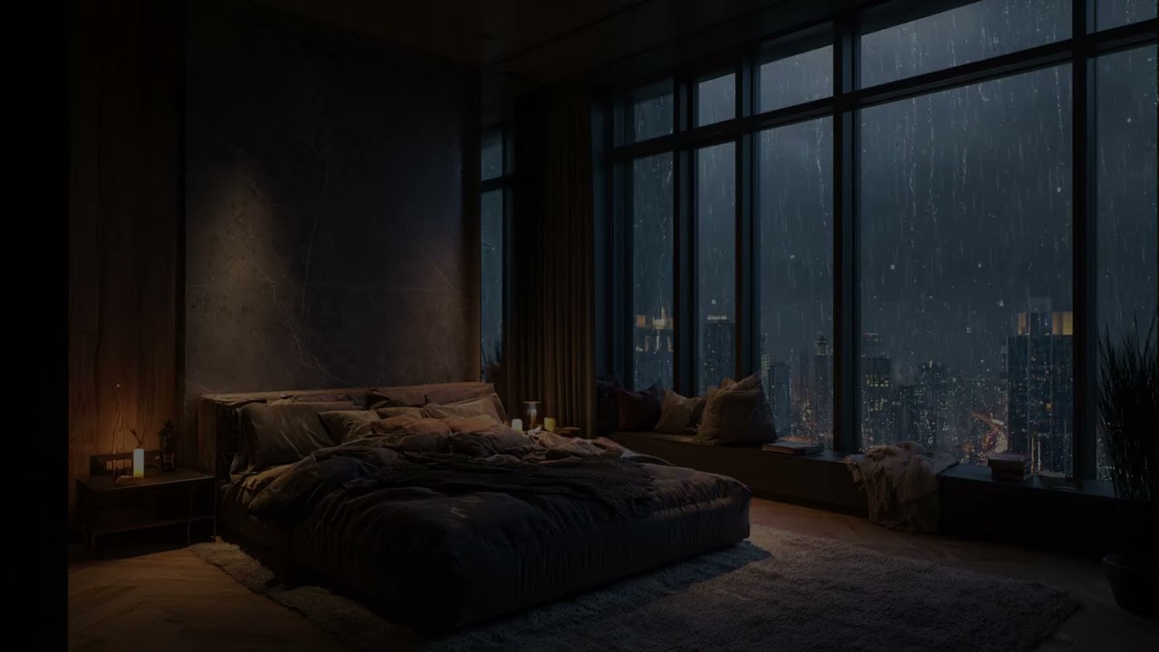 High above the rainy streets 🌃 your bedroom feels warm while neon lights blur below.